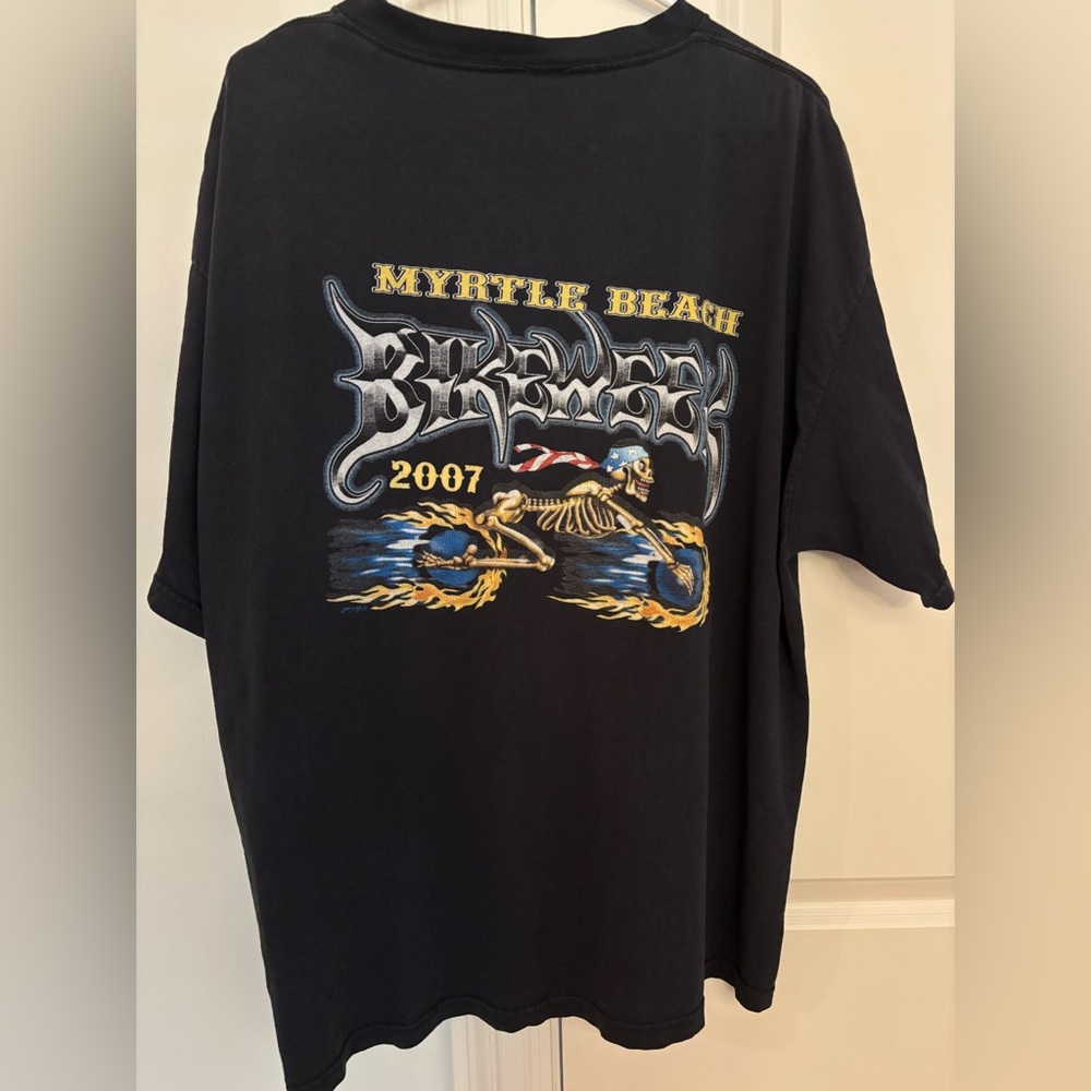 Vintage 2007 Myrtle Beach BikeWeek Black Shirt - Sz: XL - Flaming Skeleton Bike